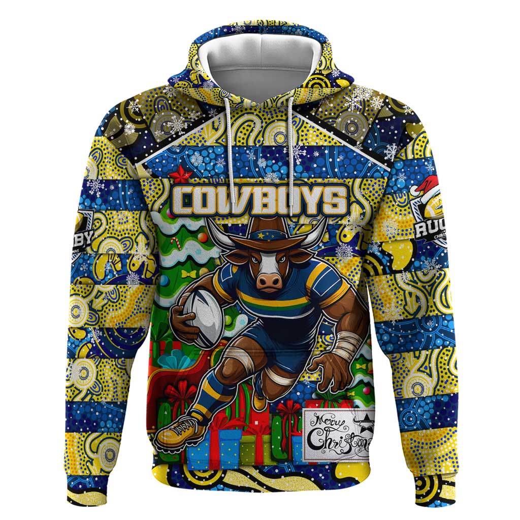 Custom Cowboys Rugby Merry Christmas Hoodie Indigenous Australian Art