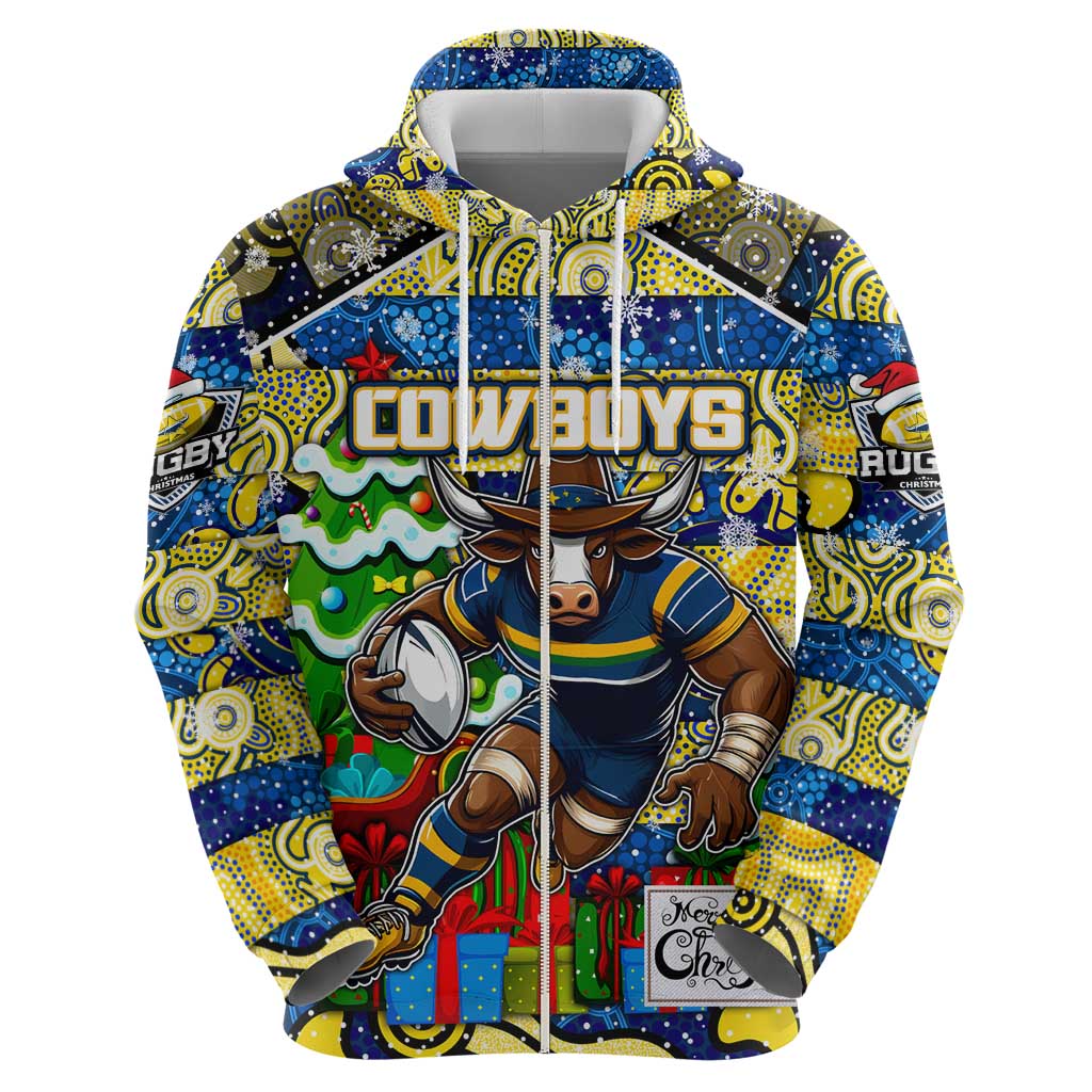 Custom Cowboys Rugby Merry Christmas Hoodie Indigenous Australian Art