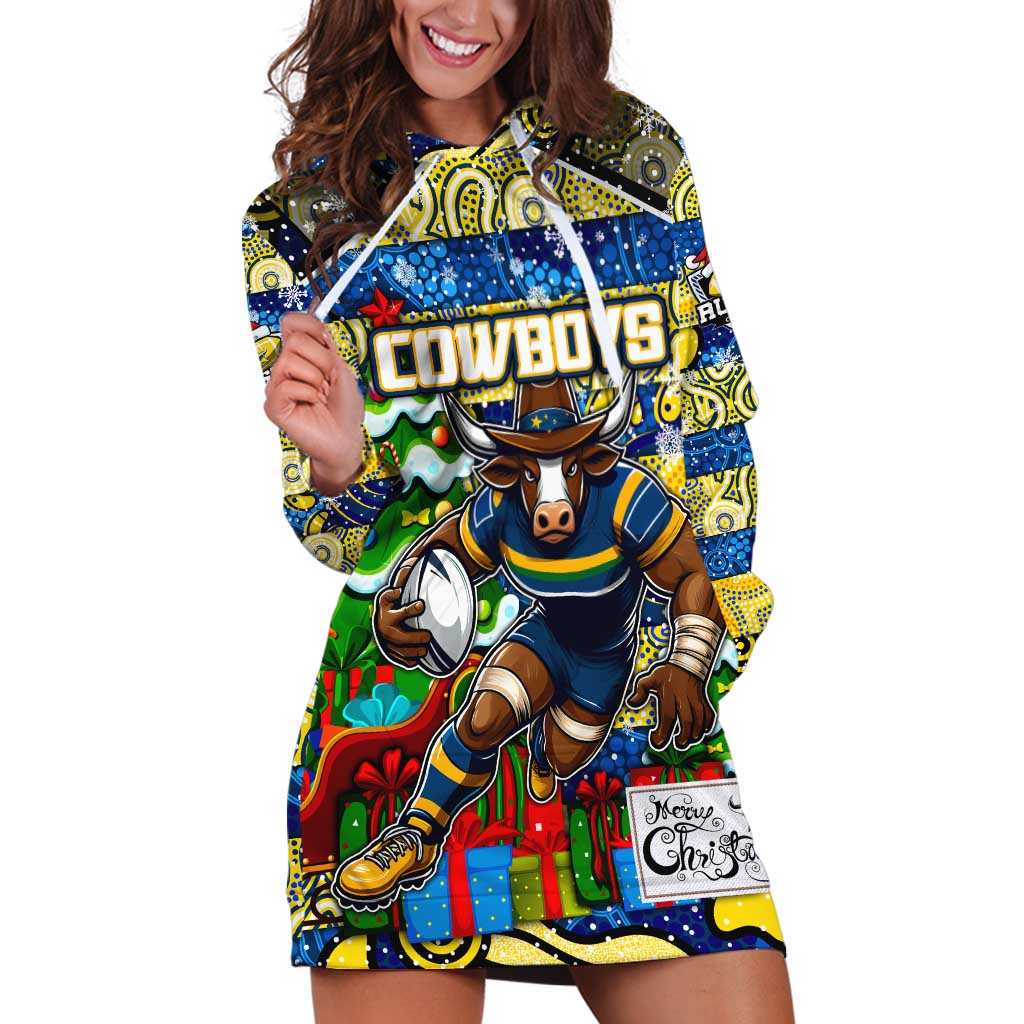 Custom Cowboys Rugby Merry Christmas Hoodie Dress Indigenous Australian Art