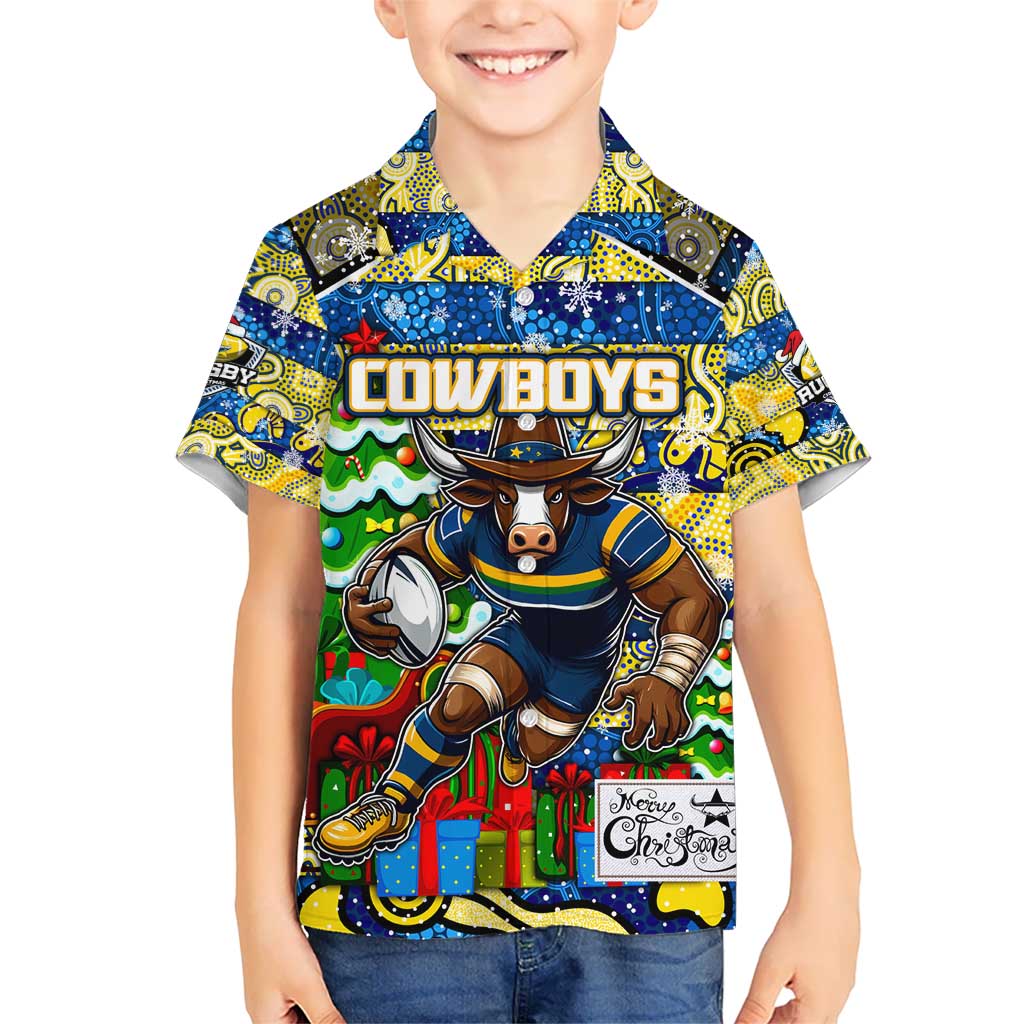 Custom Cowboys Rugby Merry Christmas Kid Hawaiian Shirt Indigenous Australian Art