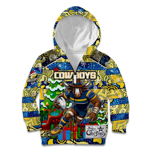 Custom Cowboys Rugby Merry Christmas Kid Hoodie Indigenous Australian Art
