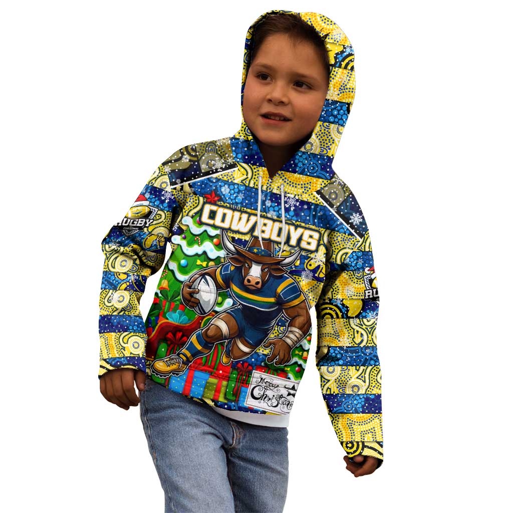 Custom Cowboys Rugby Merry Christmas Kid Hoodie Indigenous Australian Art