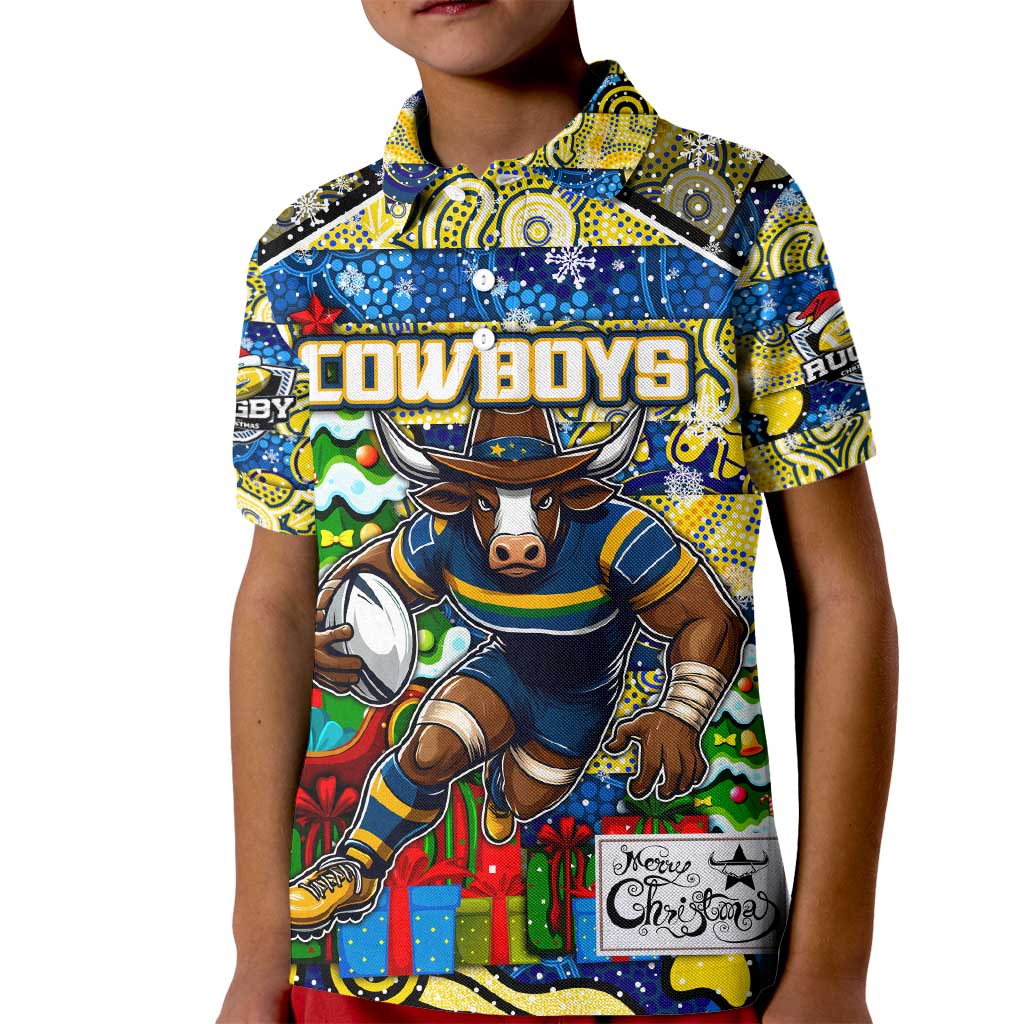 Custom Cowboys Rugby Merry Christmas Kid Polo Shirt Indigenous Australian Art
