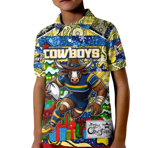 Custom Cowboys Rugby Merry Christmas Kid Polo Shirt Indigenous Australian Art