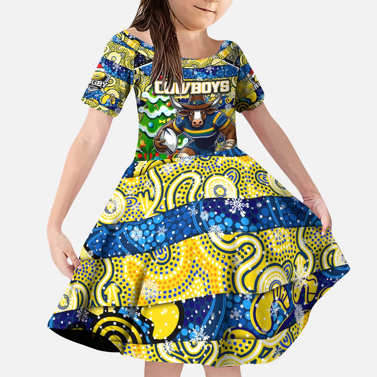Custom Cowboys Rugby Merry Christmas Kid Short Sleeve Dress Indigenous Australian Art