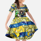Custom Cowboys Rugby Merry Christmas Kid Short Sleeve Dress Indigenous Australian Art