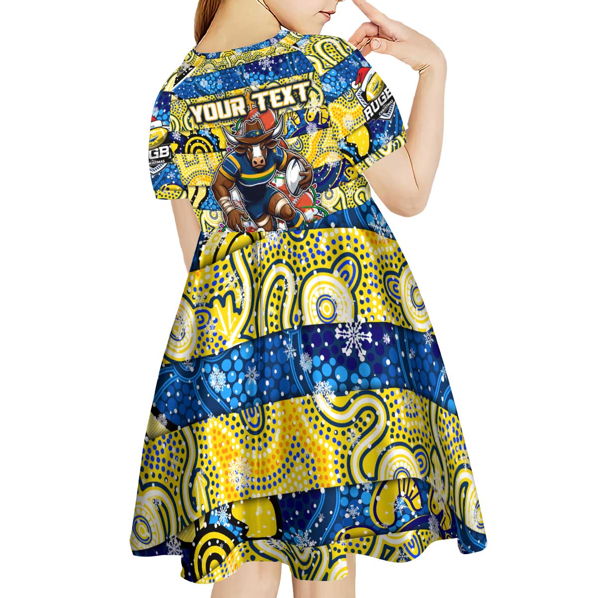 Custom Cowboys Rugby Merry Christmas Kid Short Sleeve Dress Indigenous Australian Art