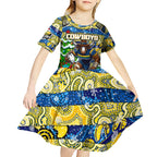 Custom Cowboys Rugby Merry Christmas Kid Short Sleeve Dress Indigenous Australian Art