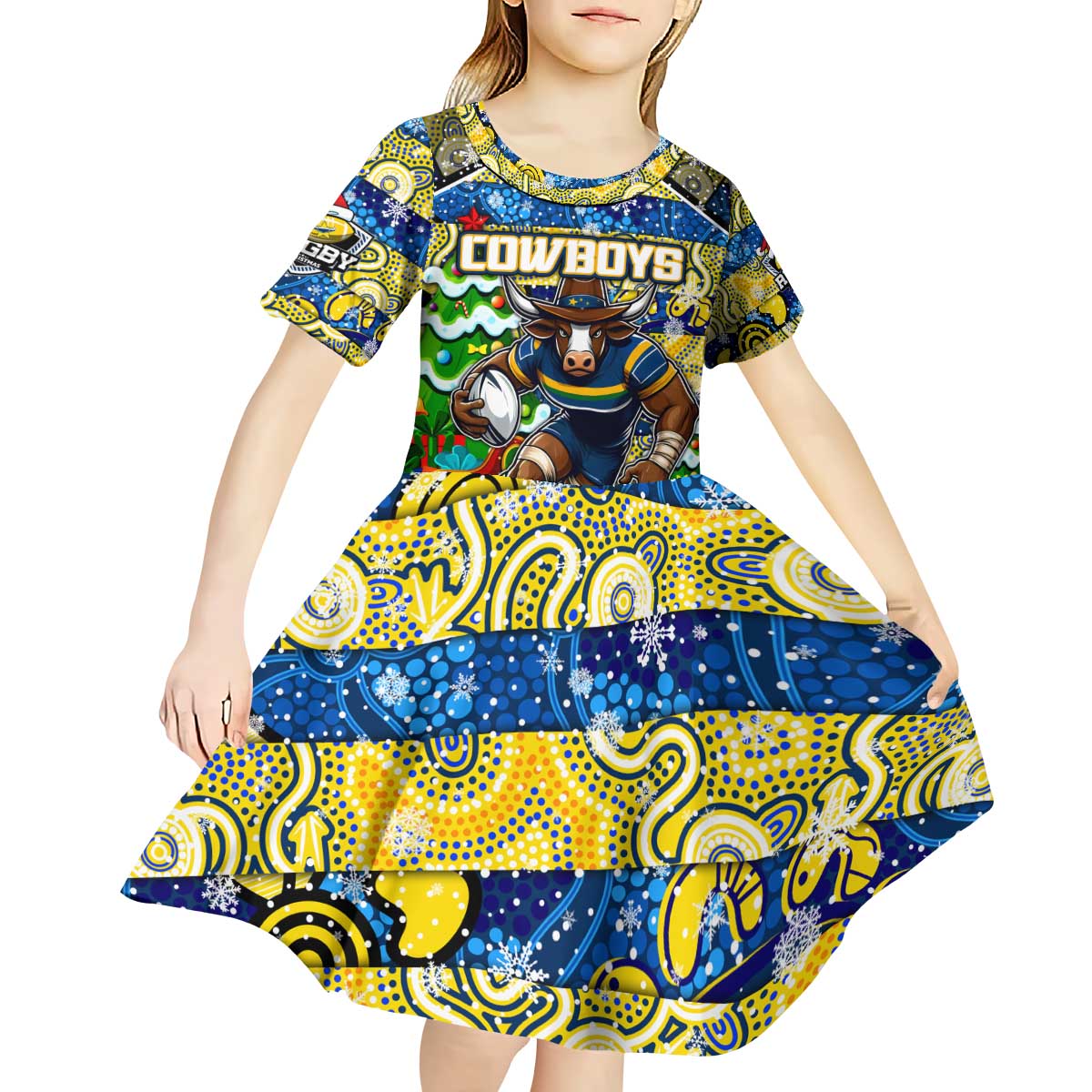 Custom Cowboys Rugby Merry Christmas Kid Short Sleeve Dress Indigenous Australian Art