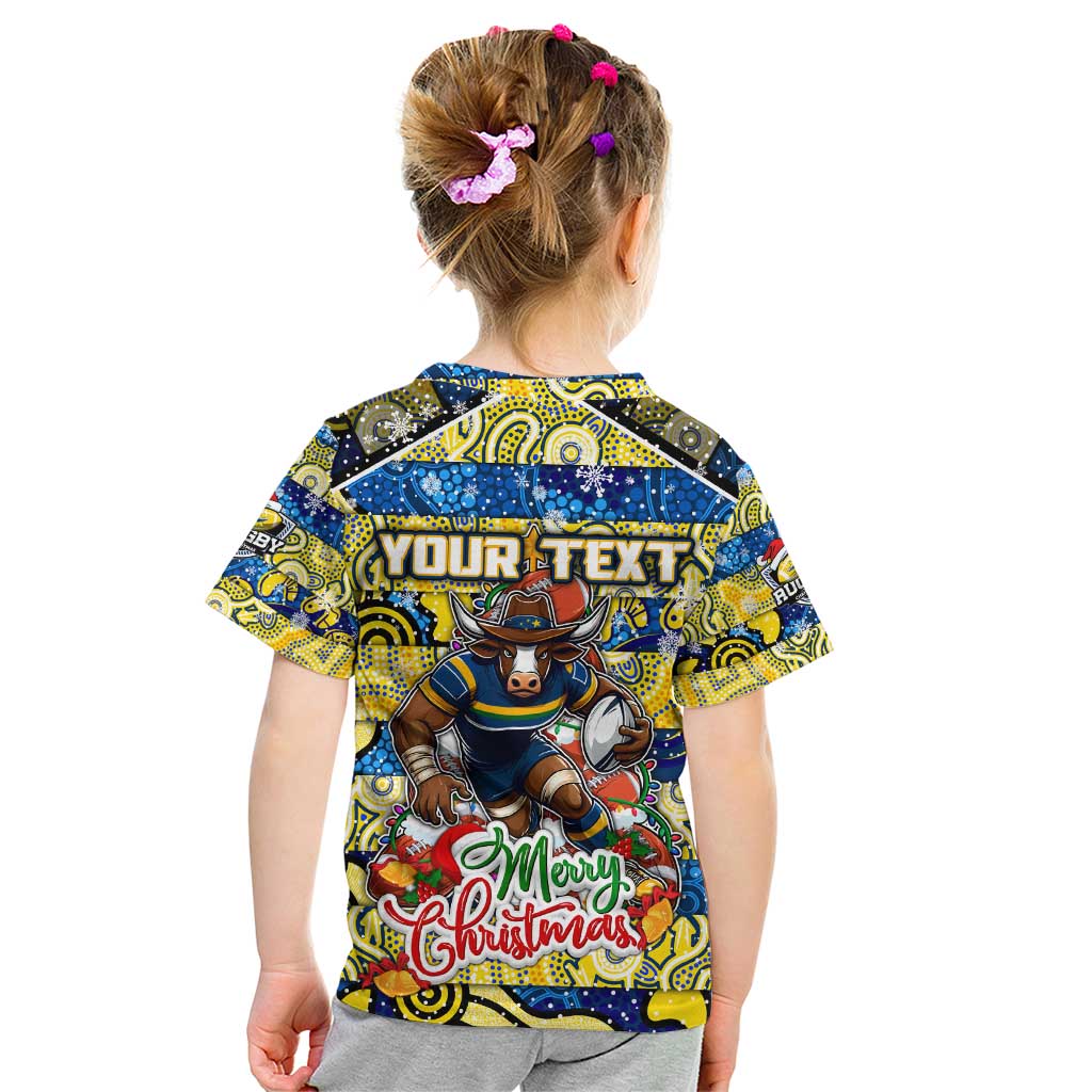 Custom Cowboys Rugby Merry Christmas Kid T Shirt Indigenous Australian Art