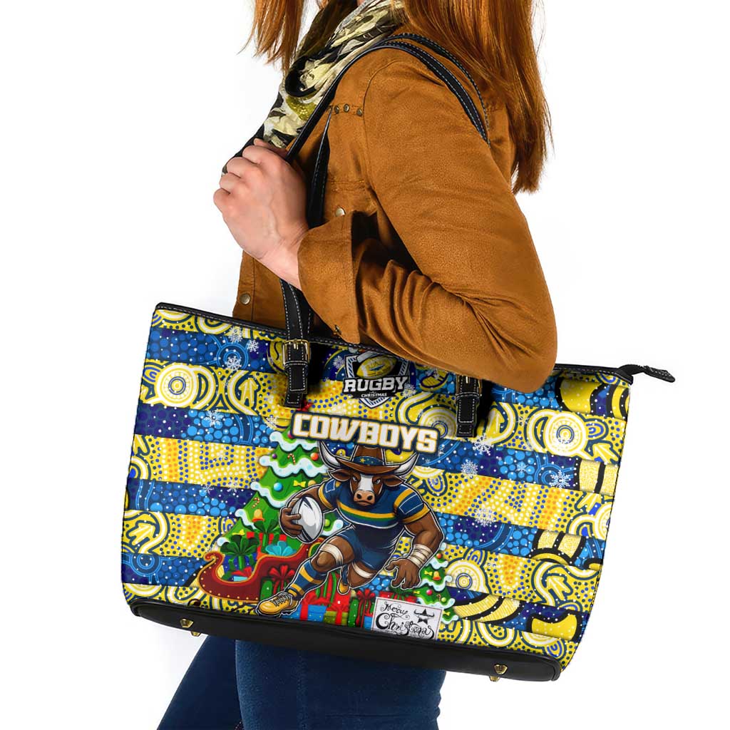Cowboys Rugby Merry Christmas Leather Tote Bag Indigenous Australian Art