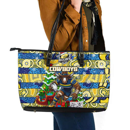 Cowboys Rugby Merry Christmas Leather Tote Bag Indigenous Australian Art
