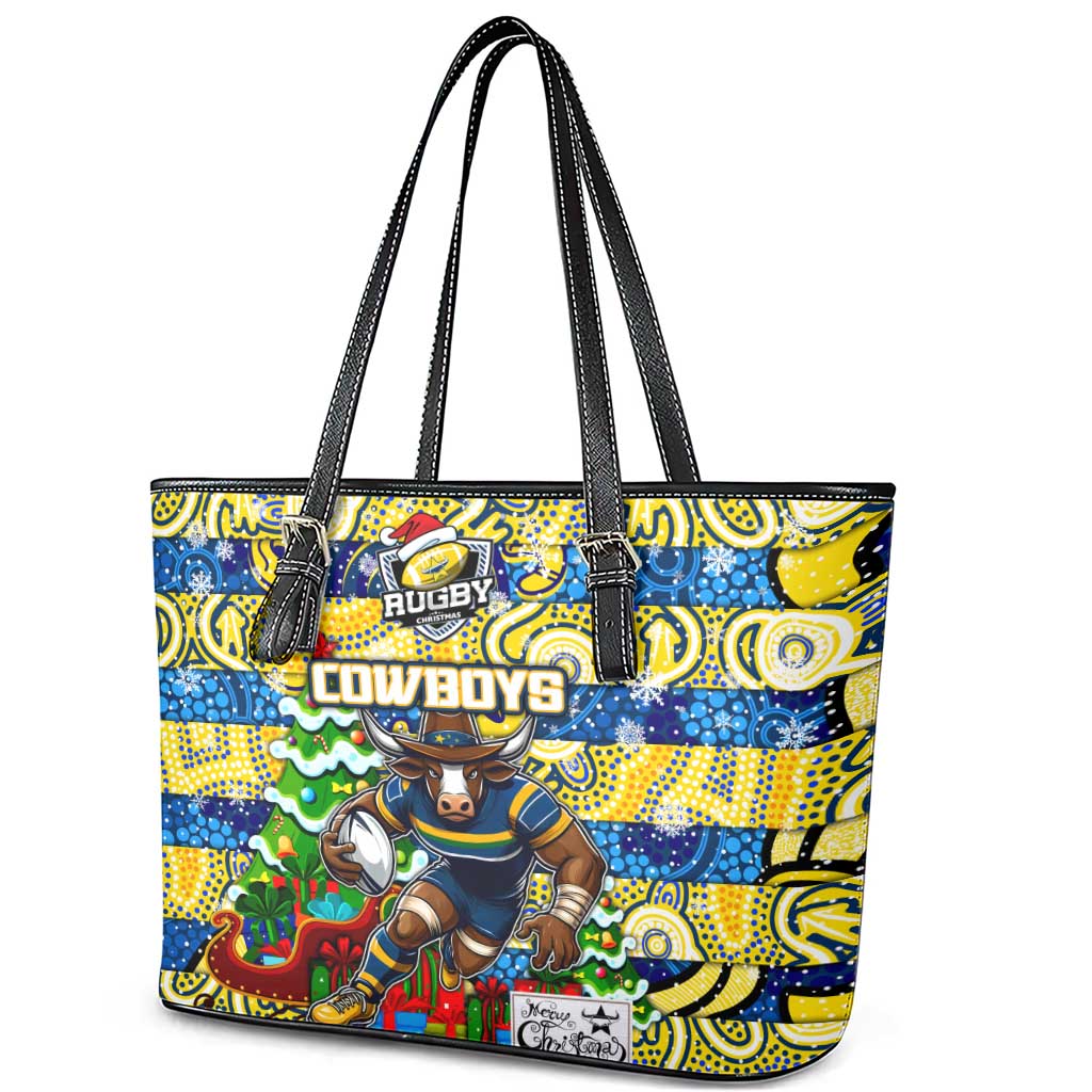 Cowboys Rugby Merry Christmas Leather Tote Bag Indigenous Australian Art