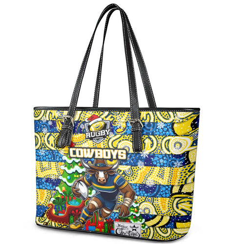 Cowboys Rugby Merry Christmas Leather Tote Bag Indigenous Australian Art