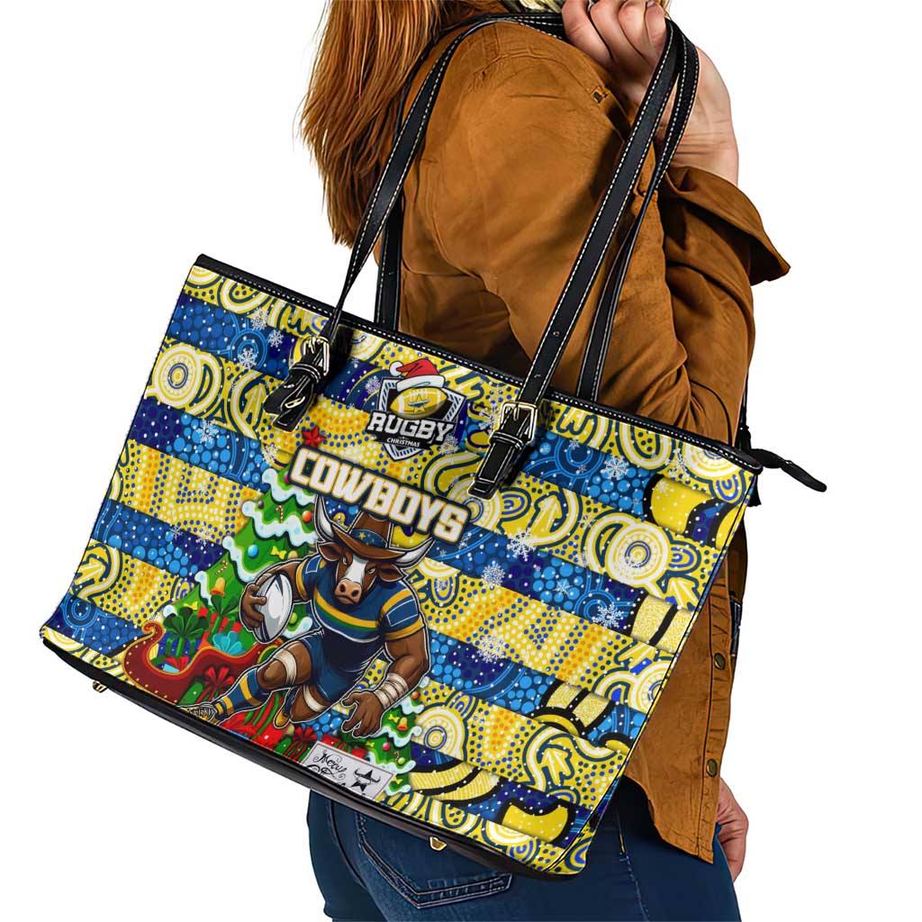 Cowboys Rugby Merry Christmas Leather Tote Bag Indigenous Australian Art