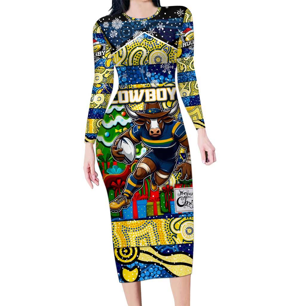 Custom Cowboys Rugby Merry Christmas Long Sleeve Bodycon Dress Indigenous Australian Art
