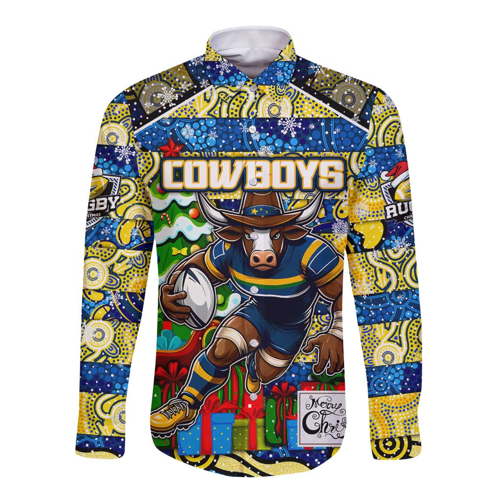 Custom Cowboys Rugby Merry Christmas Long Sleeve Button Shirt Indigenous Australian Art
