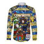 Custom Cowboys Rugby Merry Christmas Long Sleeve Button Shirt Indigenous Australian Art