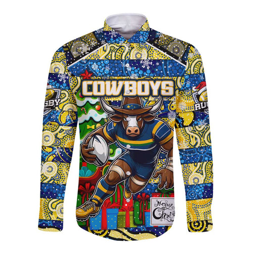 Custom Cowboys Rugby Merry Christmas Long Sleeve Button Shirt Indigenous Australian Art