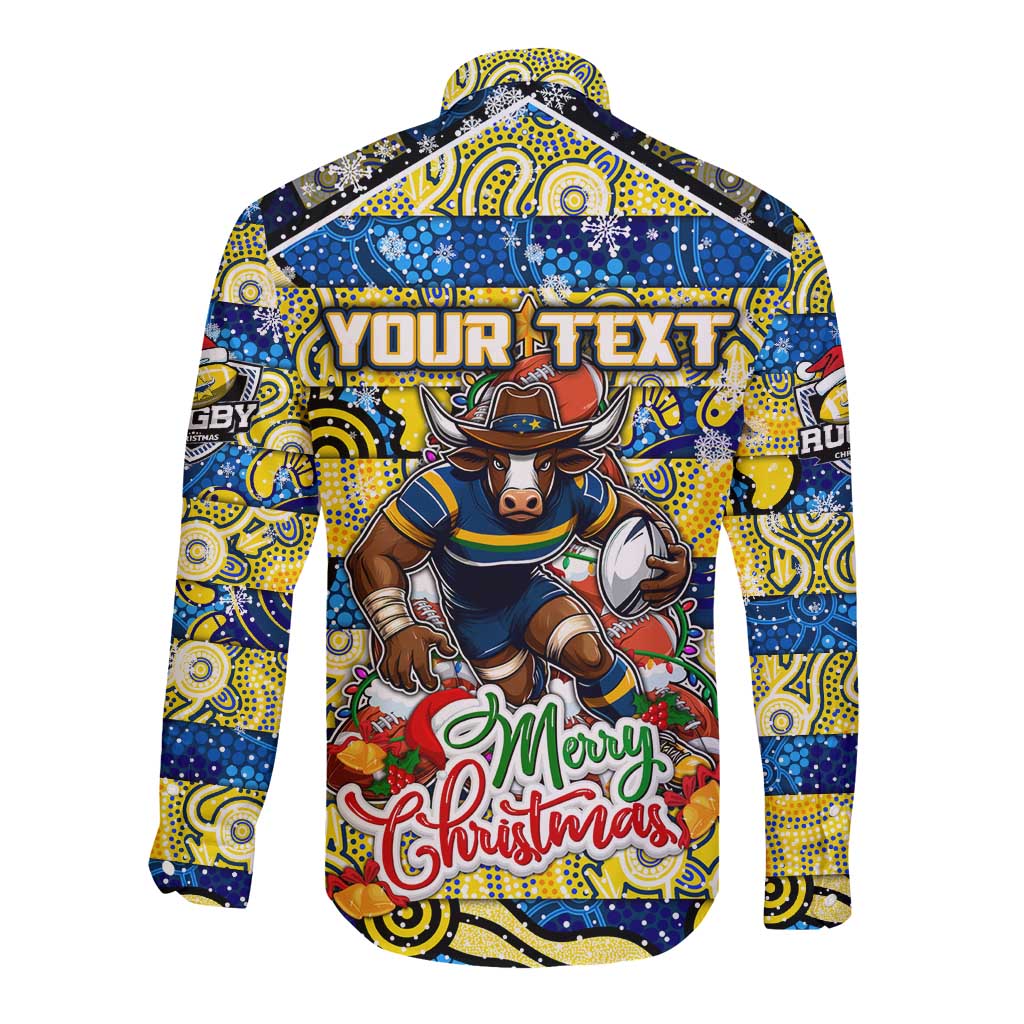Custom Cowboys Rugby Merry Christmas Long Sleeve Button Shirt Indigenous Australian Art
