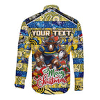 Custom Cowboys Rugby Merry Christmas Long Sleeve Button Shirt Indigenous Australian Art