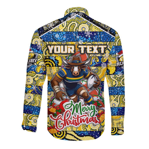 Custom Cowboys Rugby Merry Christmas Long Sleeve Button Shirt Indigenous Australian Art