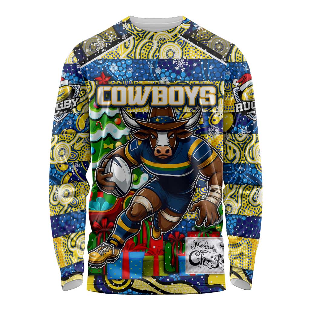 Custom Cowboys Rugby Merry Christmas Long Sleeve Shirt Indigenous Australian Art