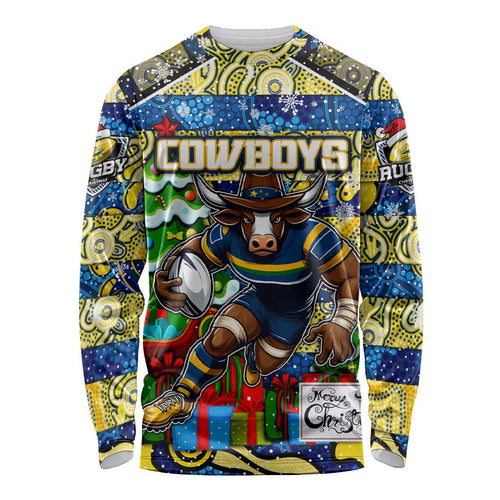 Custom Cowboys Rugby Merry Christmas Long Sleeve Shirt Indigenous Australian Art