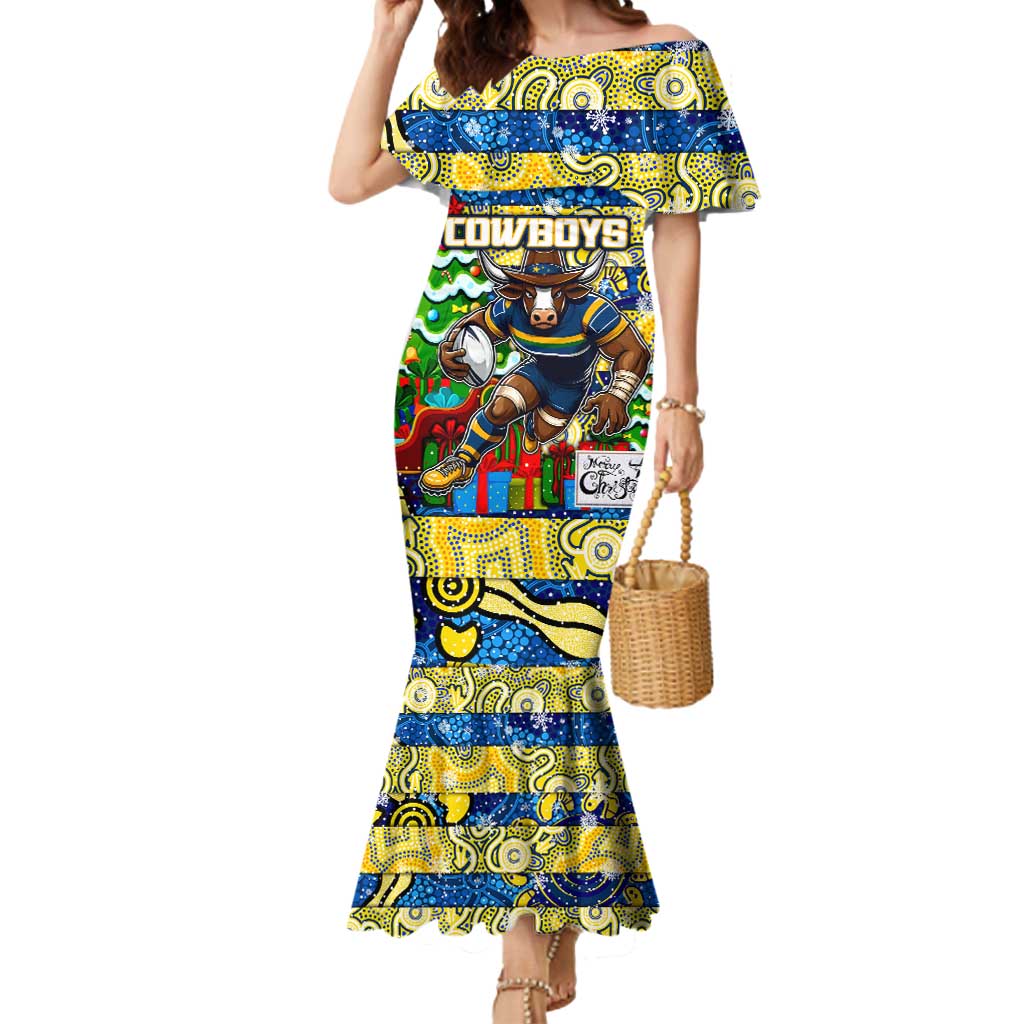 Custom Cowboys Rugby Merry Christmas Mermaid Dress Indigenous Australian Art