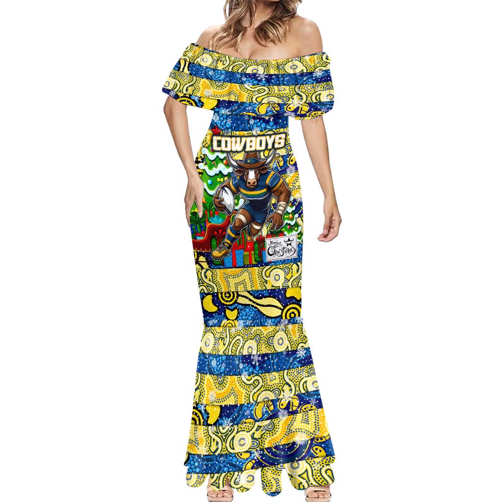 Custom Cowboys Rugby Merry Christmas Mermaid Dress Indigenous Australian Art