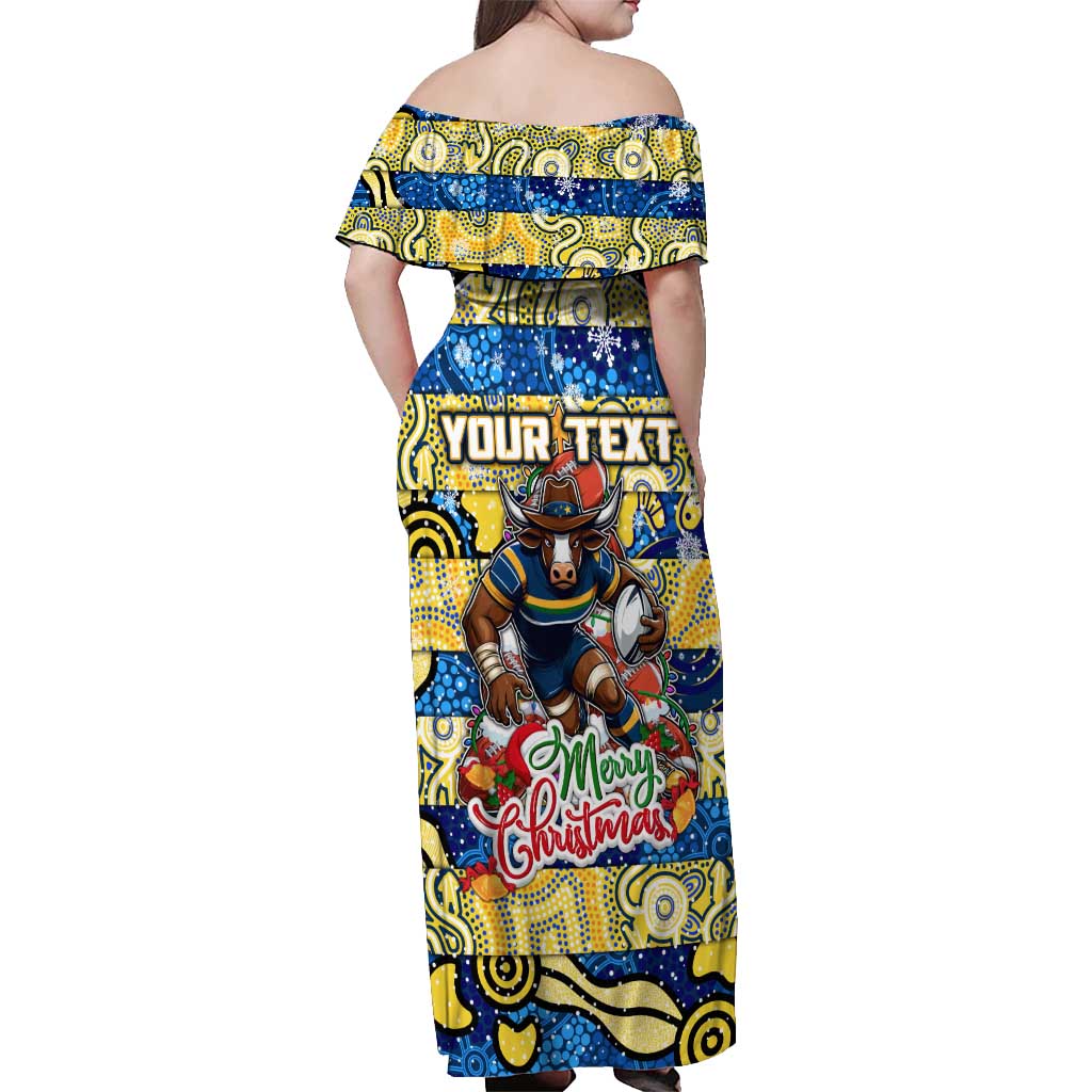Custom Cowboys Rugby Merry Christmas Off Shoulder Maxi Dress Indigenous Australian Art