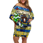Custom Cowboys Rugby Merry Christmas Off Shoulder Short Dress Indigenous Australian Art