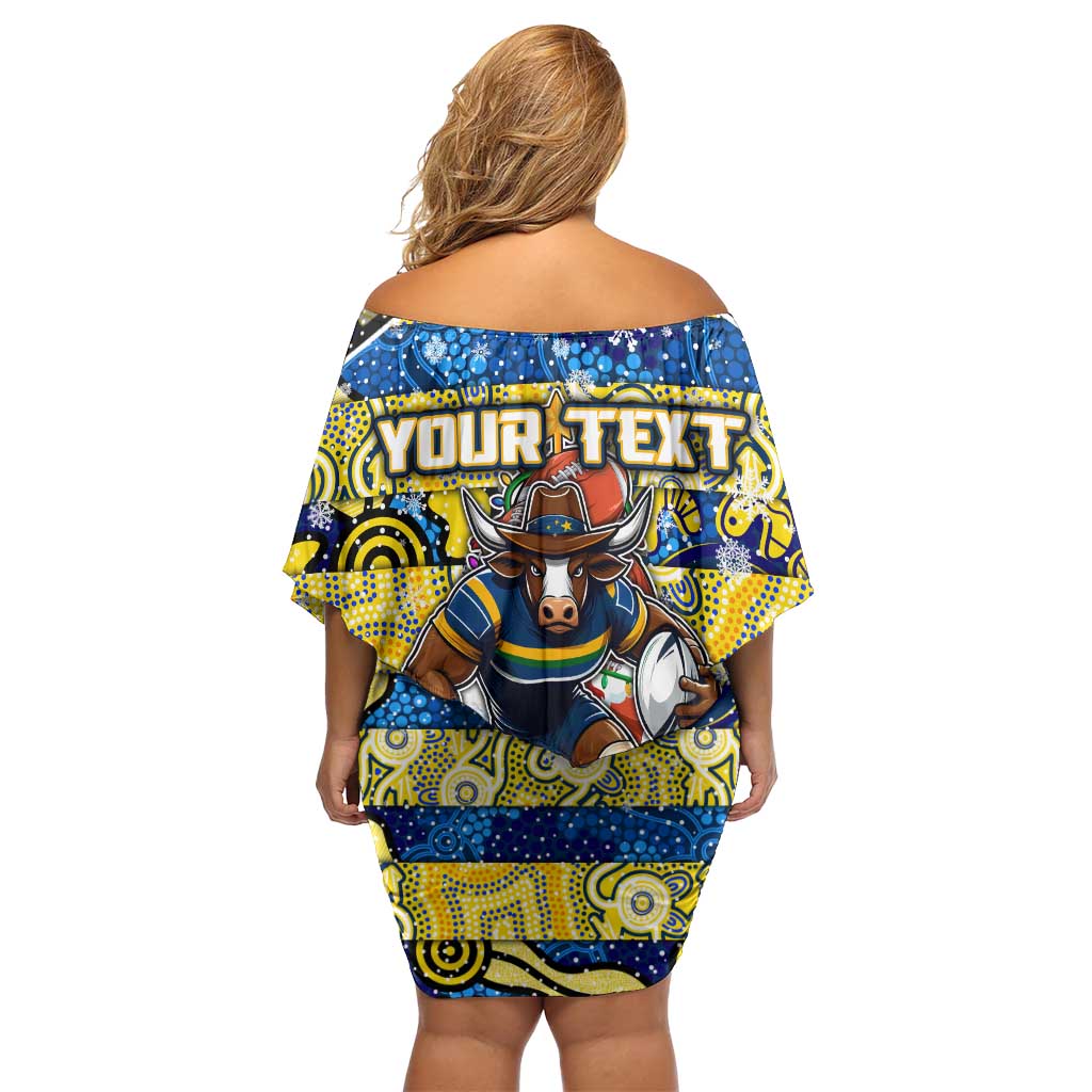 Custom Cowboys Rugby Merry Christmas Off Shoulder Short Dress Indigenous Australian Art