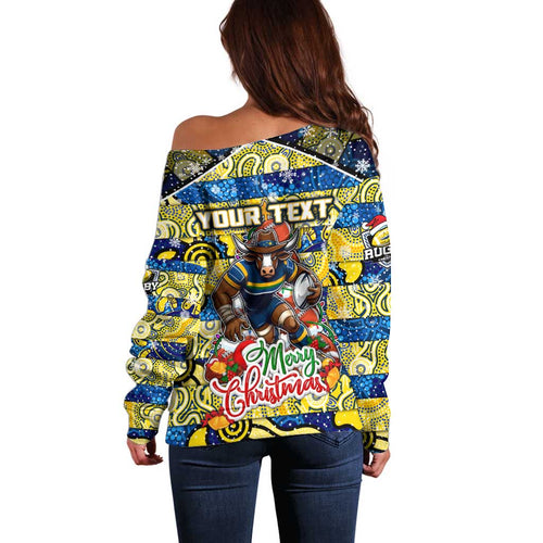 Custom Cowboys Rugby Merry Christmas Off Shoulder Sweater Indigenous Australian Art