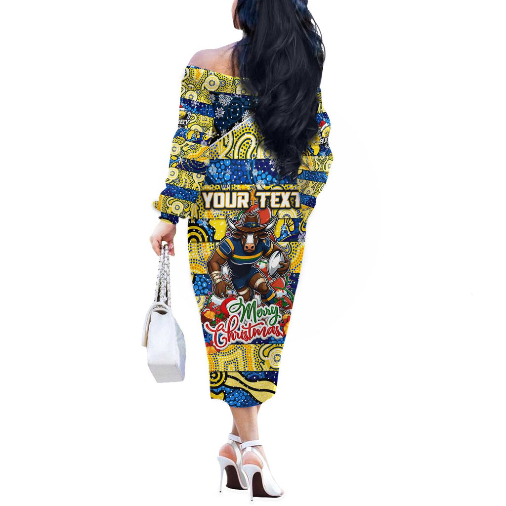 Custom Cowboys Rugby Merry Christmas Off The Shoulder Long Sleeve Dress Indigenous Australian Art