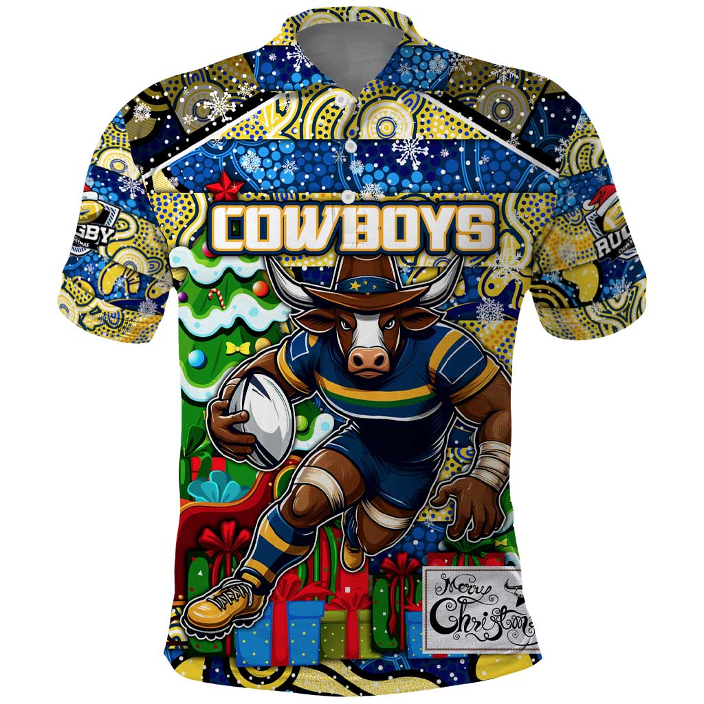 Custom Cowboys Rugby Merry Christmas Polo Shirt Indigenous Australian Art