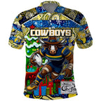 Custom Cowboys Rugby Merry Christmas Polo Shirt Indigenous Australian Art