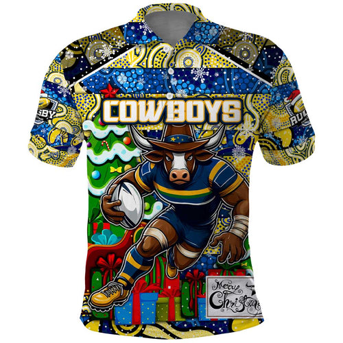 Custom Cowboys Rugby Merry Christmas Polo Shirt Indigenous Australian Art