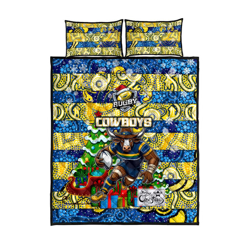 Cowboys Rugby Merry Christmas Quilt Bed Set Indigenous Australian Art