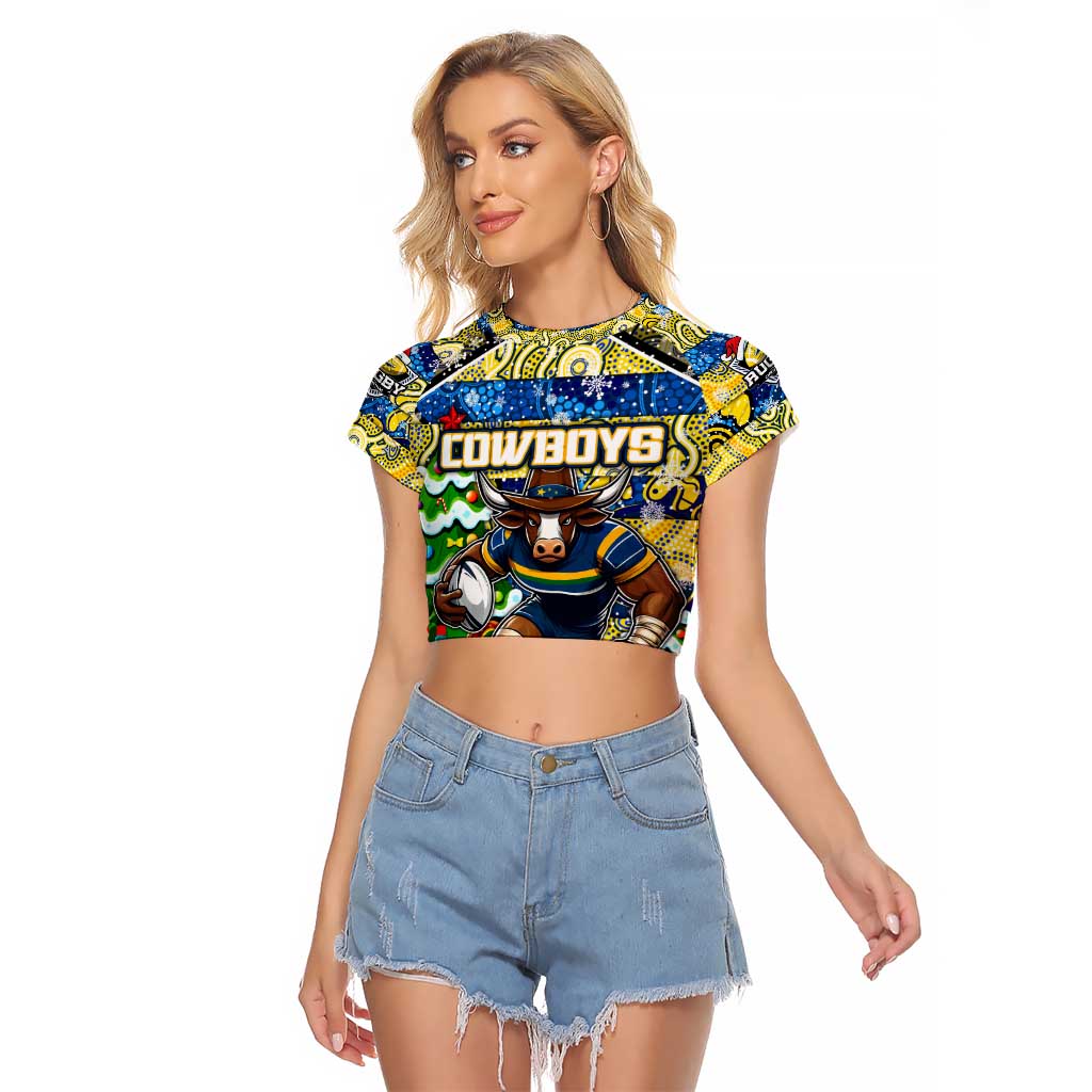 Custom Cowboys Rugby Merry Christmas Raglan Cropped T Shirt Indigenous Australian Art