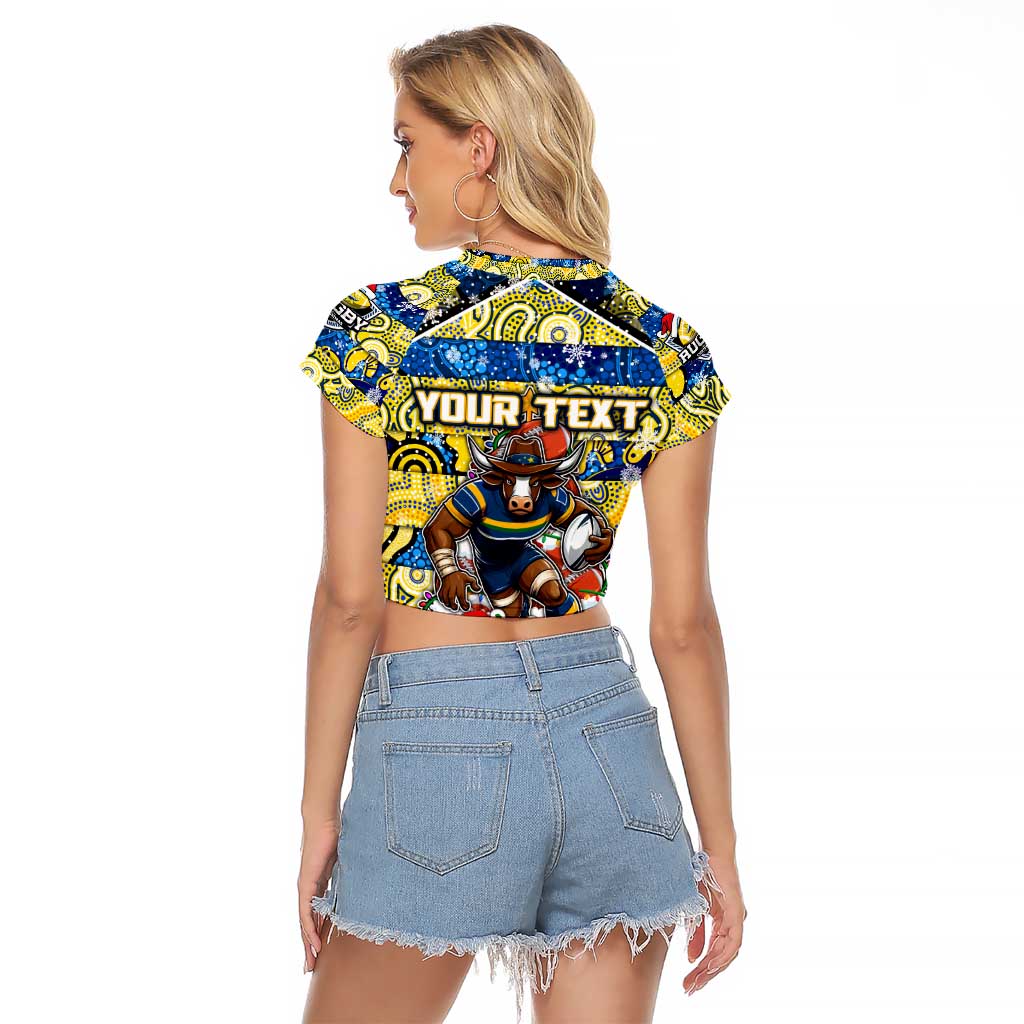 Custom Cowboys Rugby Merry Christmas Raglan Cropped T Shirt Indigenous Australian Art