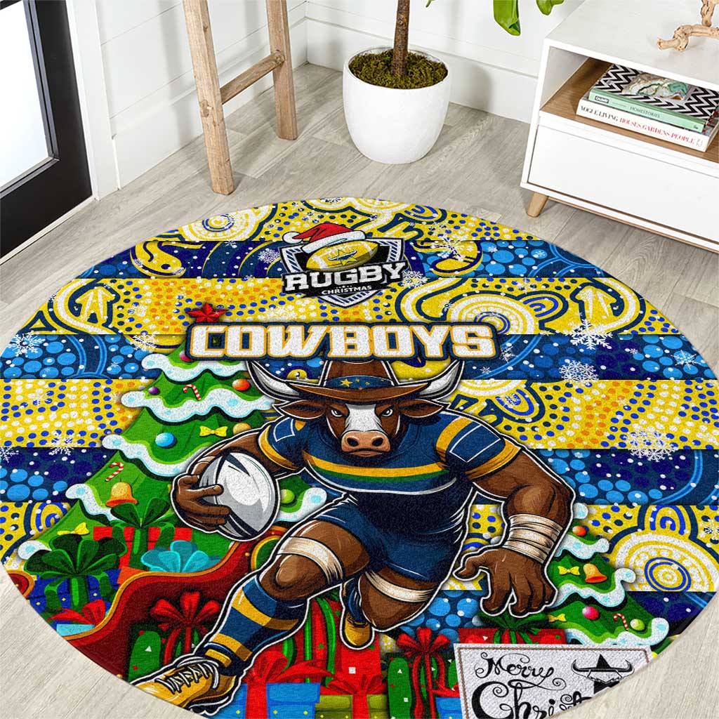 Cowboys Rugby Merry Christmas Round Carpet Indigenous Australian Art