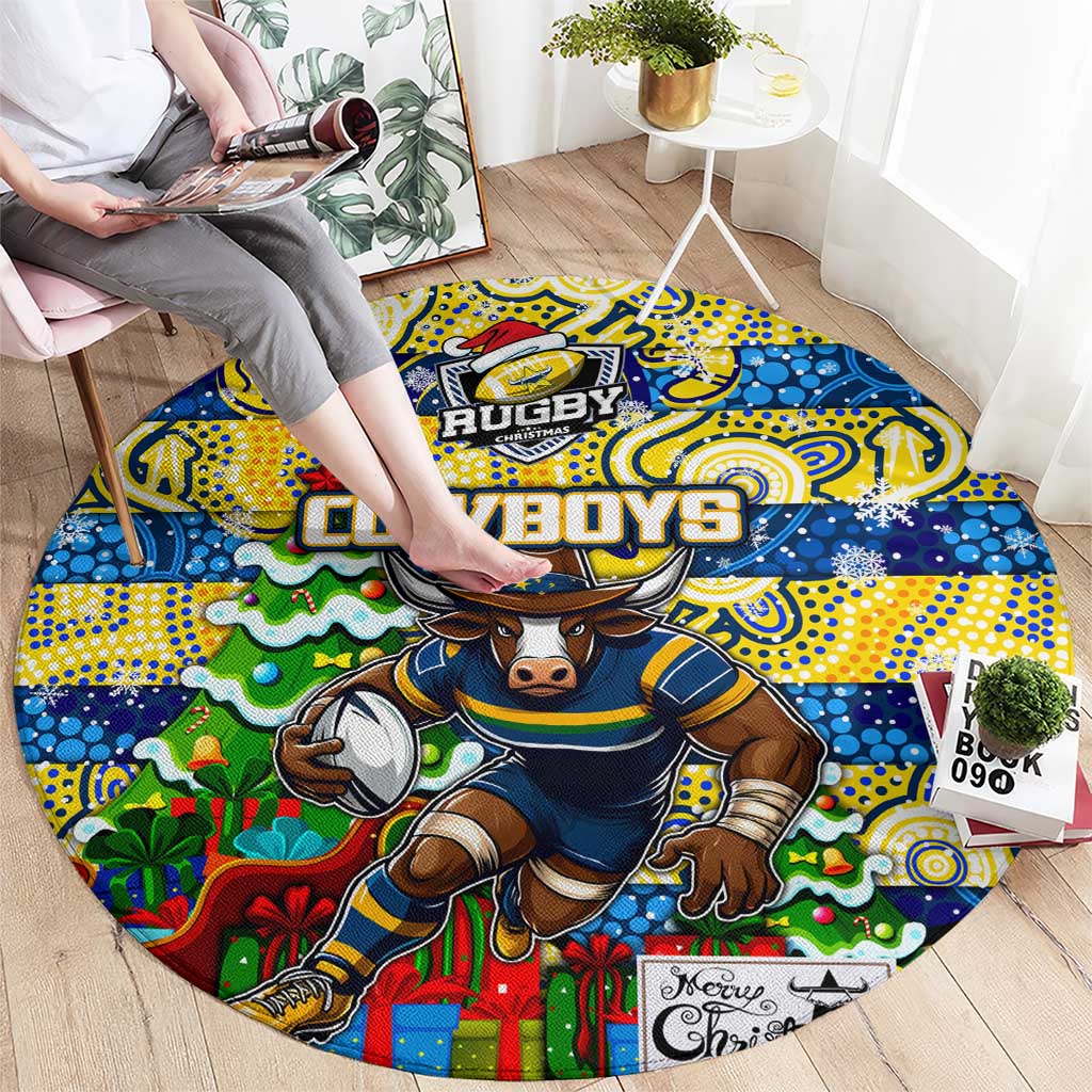 Cowboys Rugby Merry Christmas Round Carpet Indigenous Australian Art