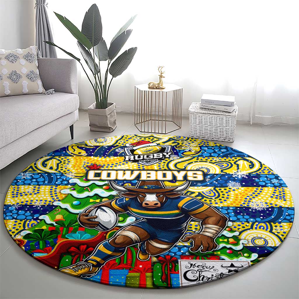 Cowboys Rugby Merry Christmas Round Carpet Indigenous Australian Art