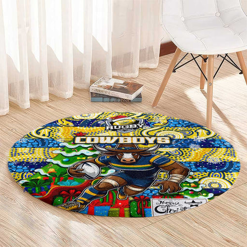 Cowboys Rugby Merry Christmas Round Carpet Indigenous Australian Art