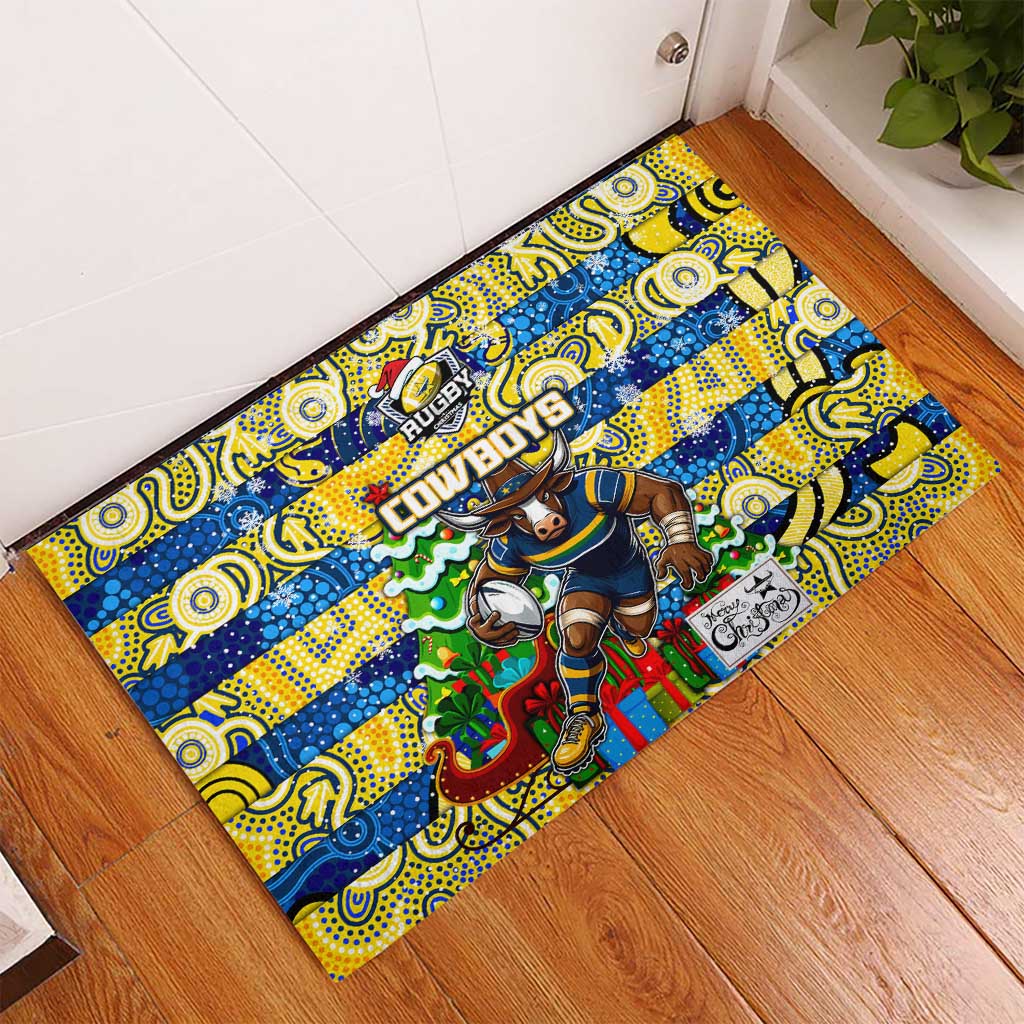Cowboys Rugby Merry Christmas Rubber Doormat Indigenous Australian Art