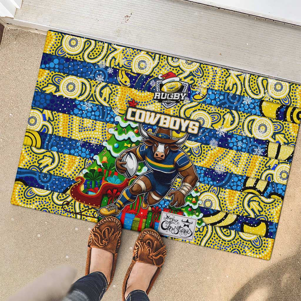Cowboys Rugby Merry Christmas Rubber Doormat Indigenous Australian Art