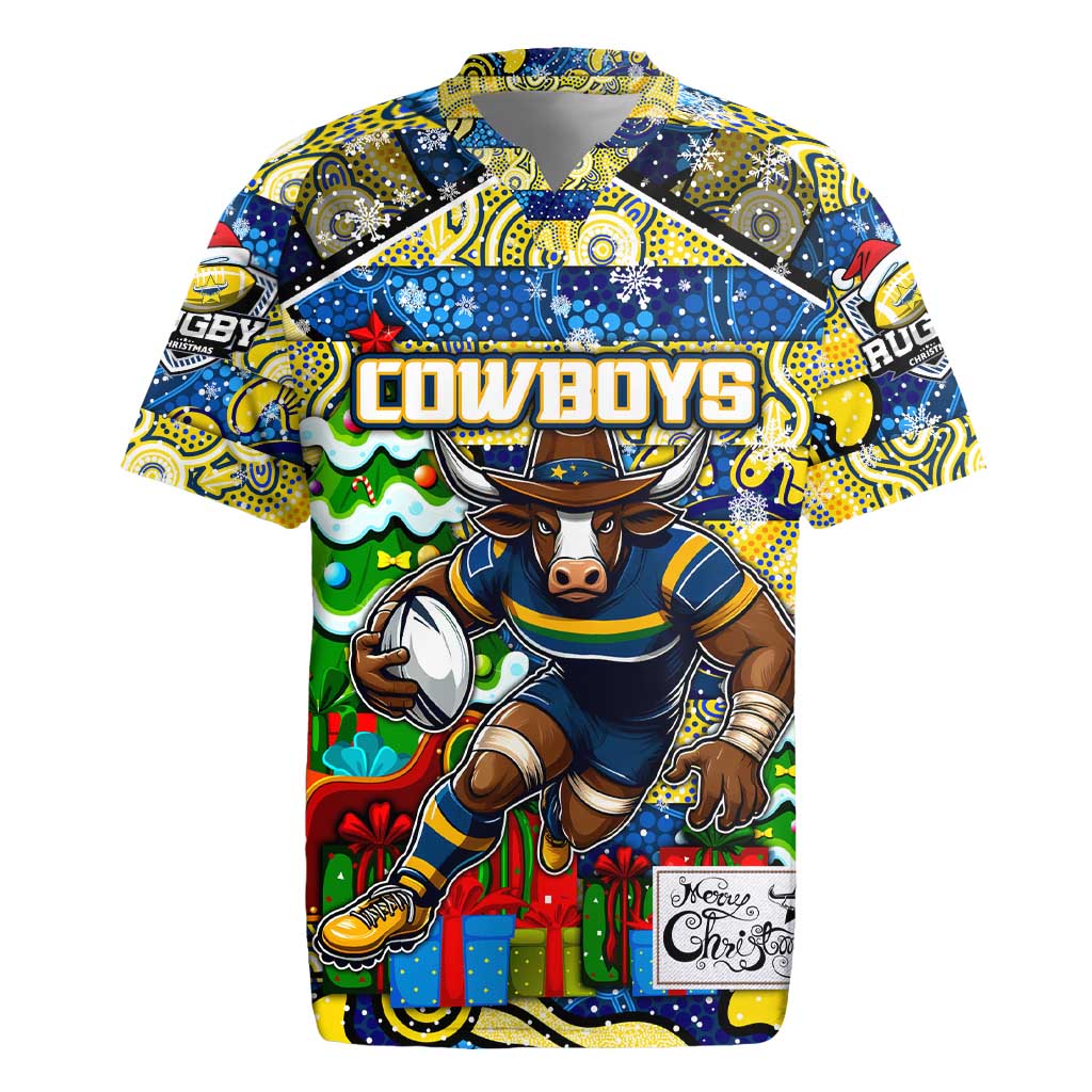 Custom Cowboys Rugby Merry Christmas Rugby Jersey Indigenous Australian Art