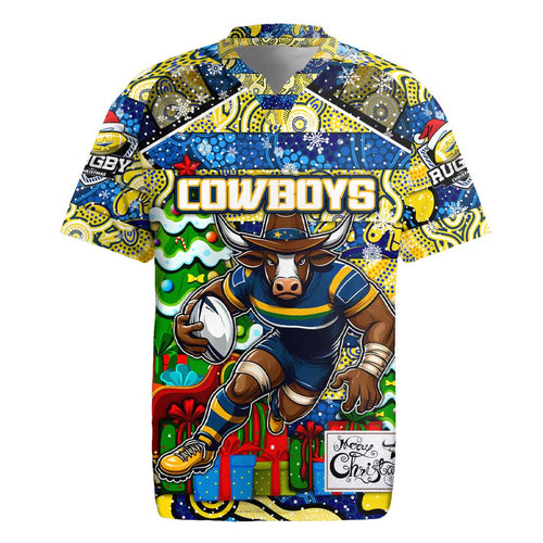 Custom Cowboys Rugby Merry Christmas Rugby Jersey Indigenous Australian Art