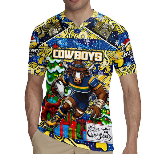 Custom Cowboys Rugby Merry Christmas Rugby Jersey Indigenous Australian Art